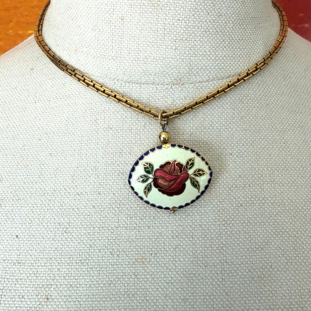 Vintage Cloisonné Enamel Rose Pendant Necklace Gold Tone Floral